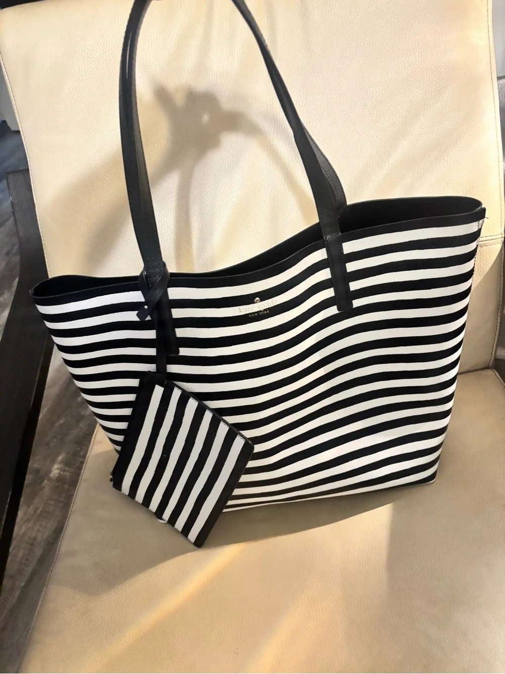 kate spade Black and White Striped Tote with Gold Logo